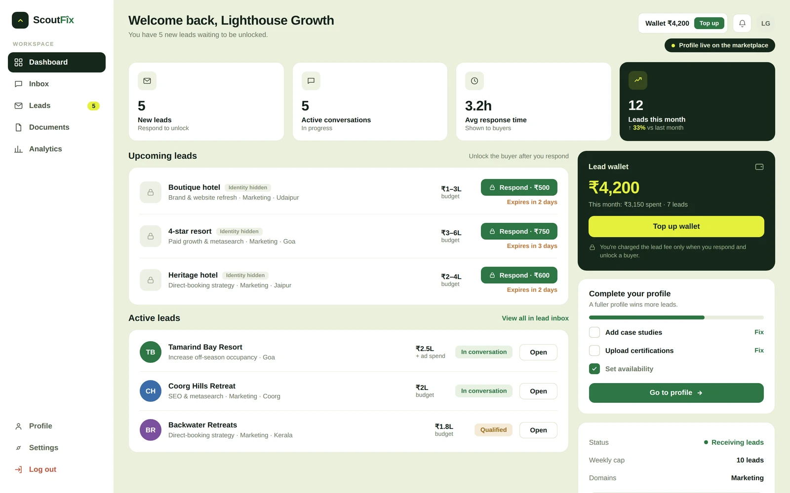 ScoutFix vendor view showing warm, pre-diagnosed leads matched to your expertise